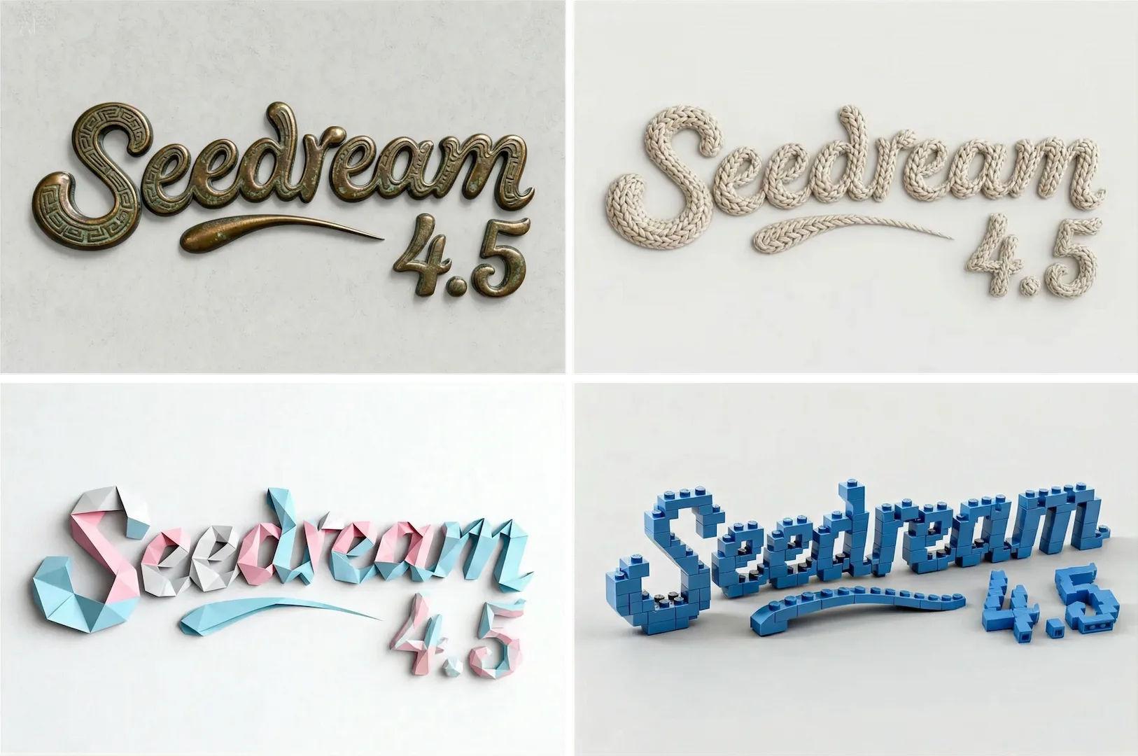 Change the texture of the brand name into bronze, knitted, origami, and building block.